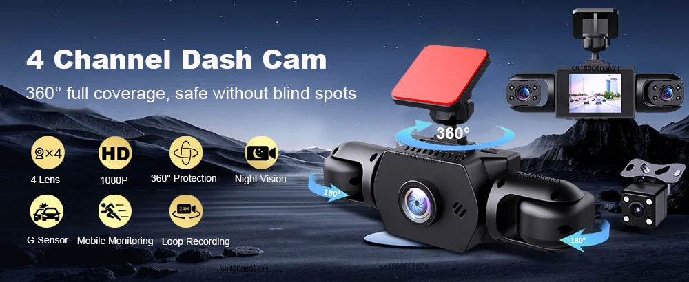Dash Cam for Cars HD 24H Recording Car Camera Night Vision Video Recorder wide angle 4 Channel Car DVR Came for Front and Rear
