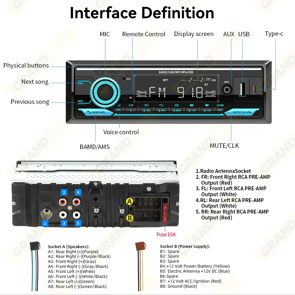 Car Radio 1din Srereo MP3 Player Bluetooth FM Receiver With Remote Control AUX/USB Support Type C Phone Charging Voice Assistant