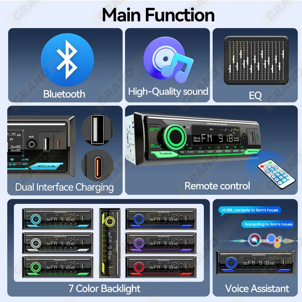 Car Radio 1din Srereo MP3 Player Bluetooth FM Receiver With Remote Control AUX/USB Support Type C Phone Charging Voice Assistant