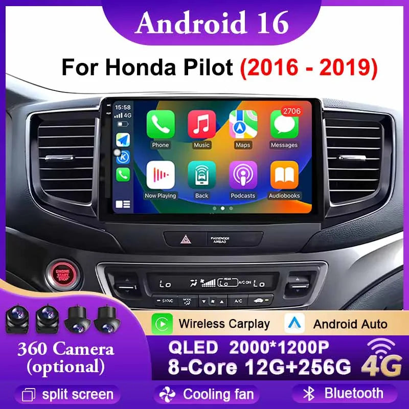 Android 16 Car Radio For Honda Pilot 2016- 2019 Viedo Player GPS Navigation Multimedia Autoradio Head Unit Bluetooth DSP QLED