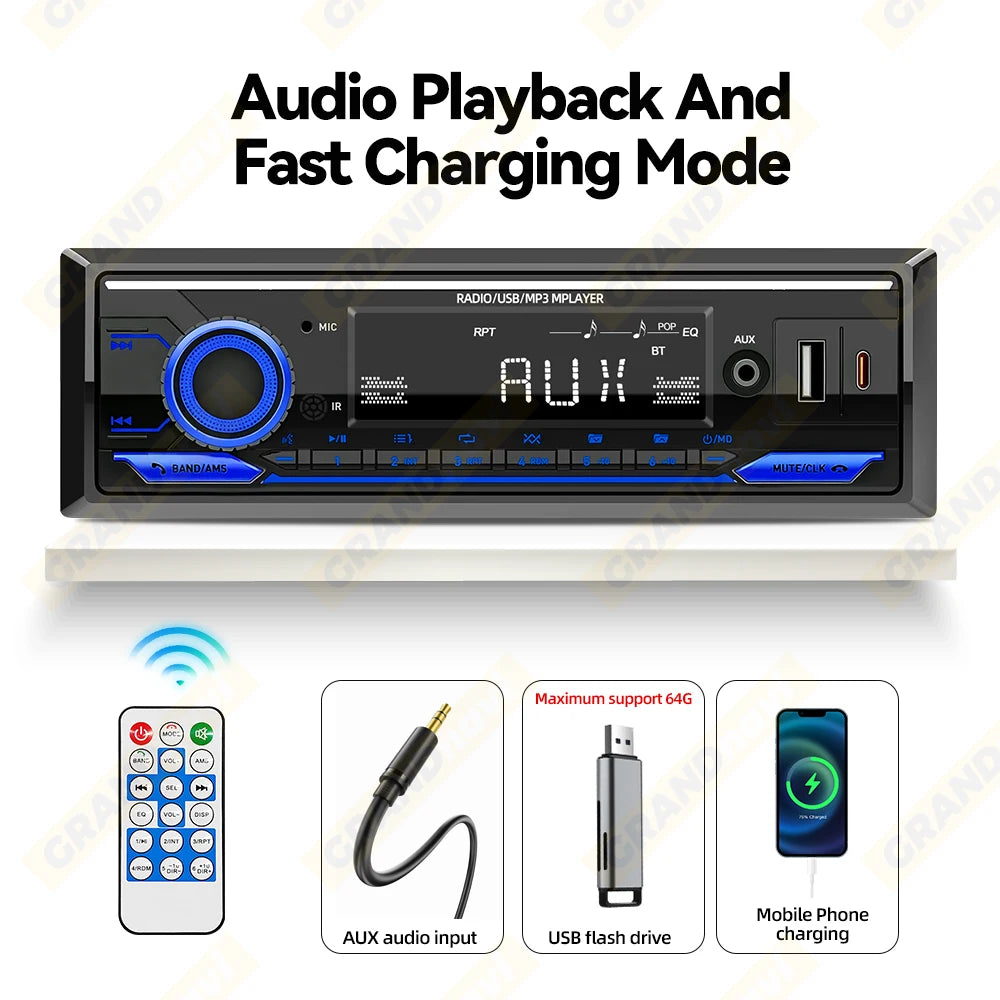 Car Radio 1din Srereo MP3 Player Bluetooth FM Receiver With Remote Control AUX/USB Support Type C Phone Charging Voice Assistant