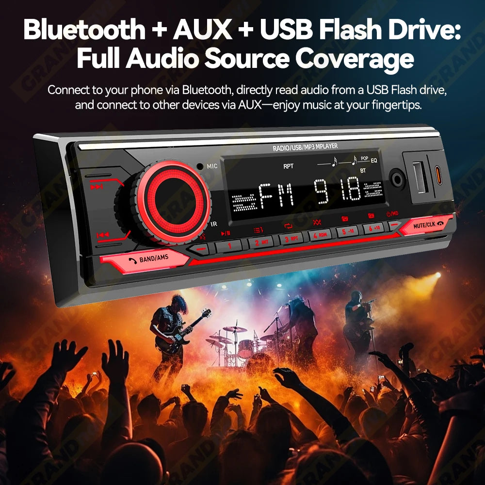 Car Radio 1din Srereo MP3 Player Bluetooth FM Receiver With Remote Control AUX/USB Support Type C Phone Charging Voice Assistant