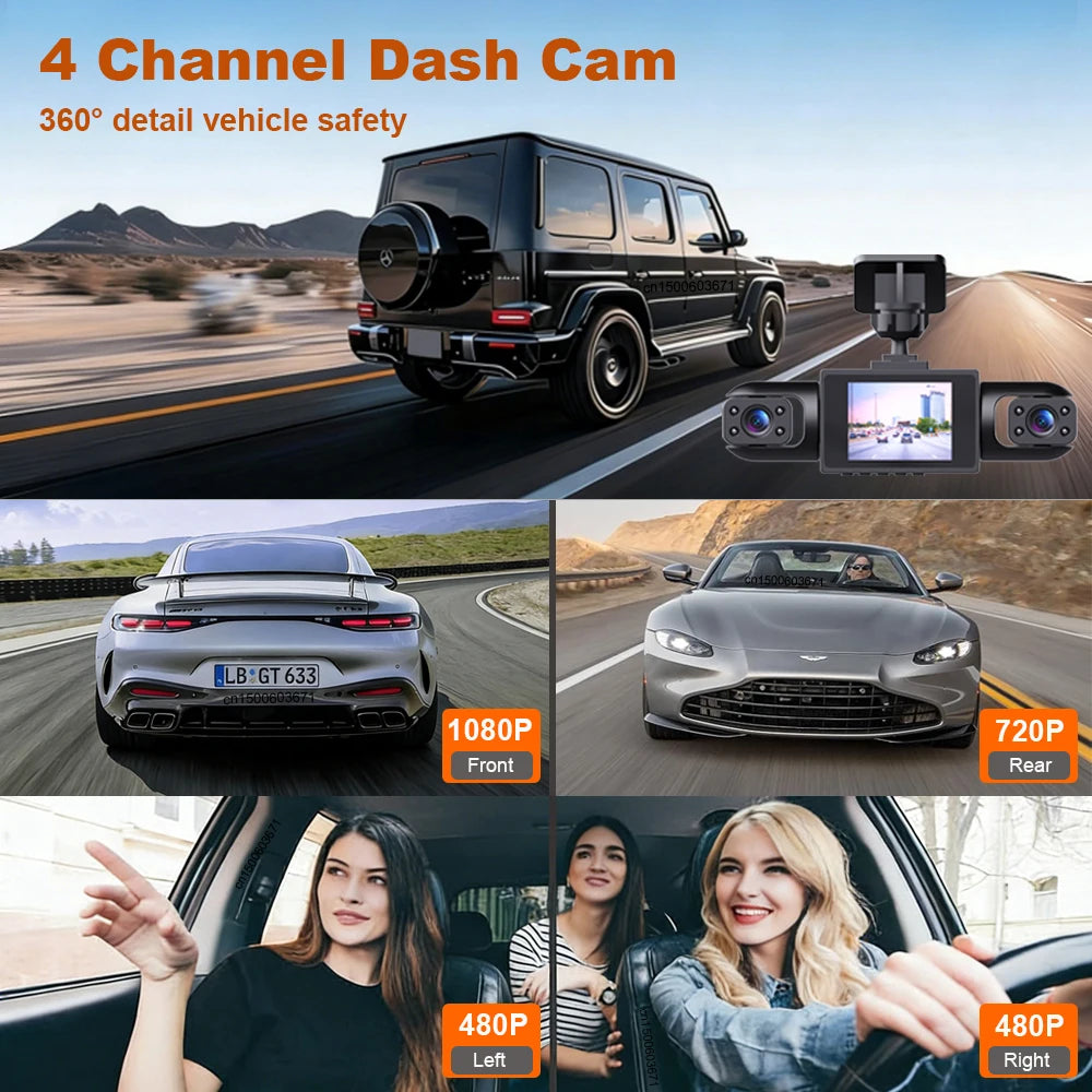 Dash Cam for Cars HD 24H Recording Car Camera Night Vision Video Recorder wide angle 4 Channel Car DVR Came for Front and Rear