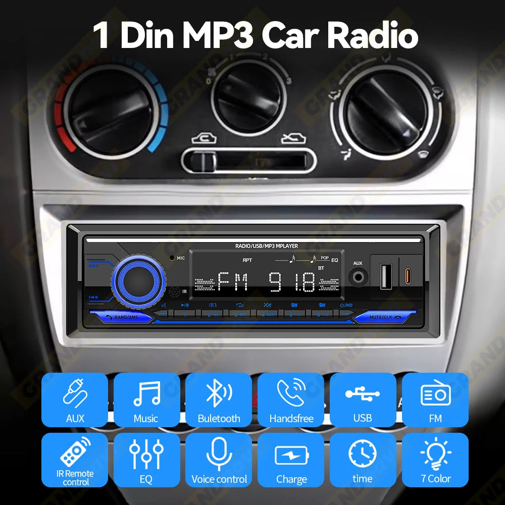 Car Radio 1din Srereo MP3 Player Bluetooth FM Receiver With Remote Control AUX/USB Support Type C Phone Charging Voice Assistant