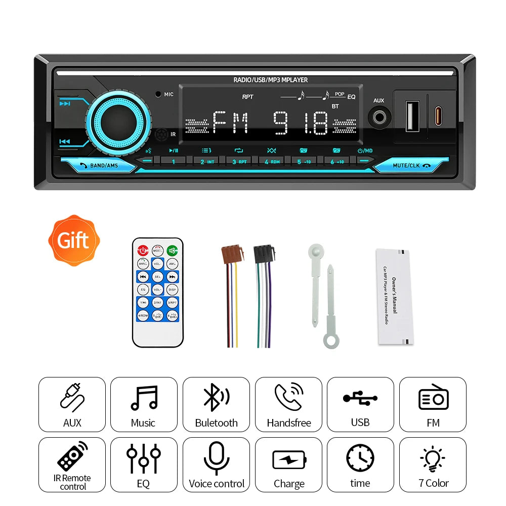 Car Radio 1din Srereo MP3 Player Bluetooth FM Receiver With Remote Control AUX/USB Support Type C Phone Charging Voice Assistant