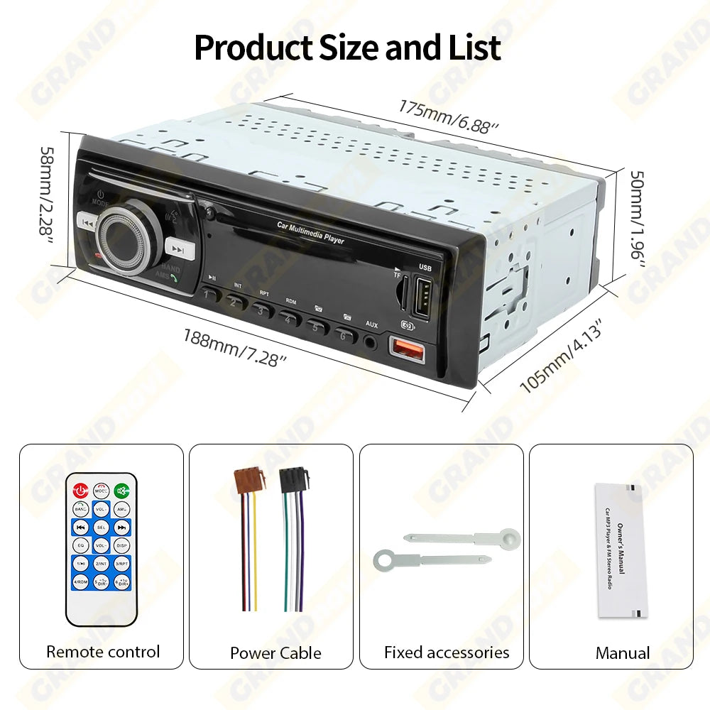 Car Radio 1din Srereo MP3 Player Bluetooth FM Receiver With Remote Control AUX/USB Support Type C Phone Charging Voice Assistant
