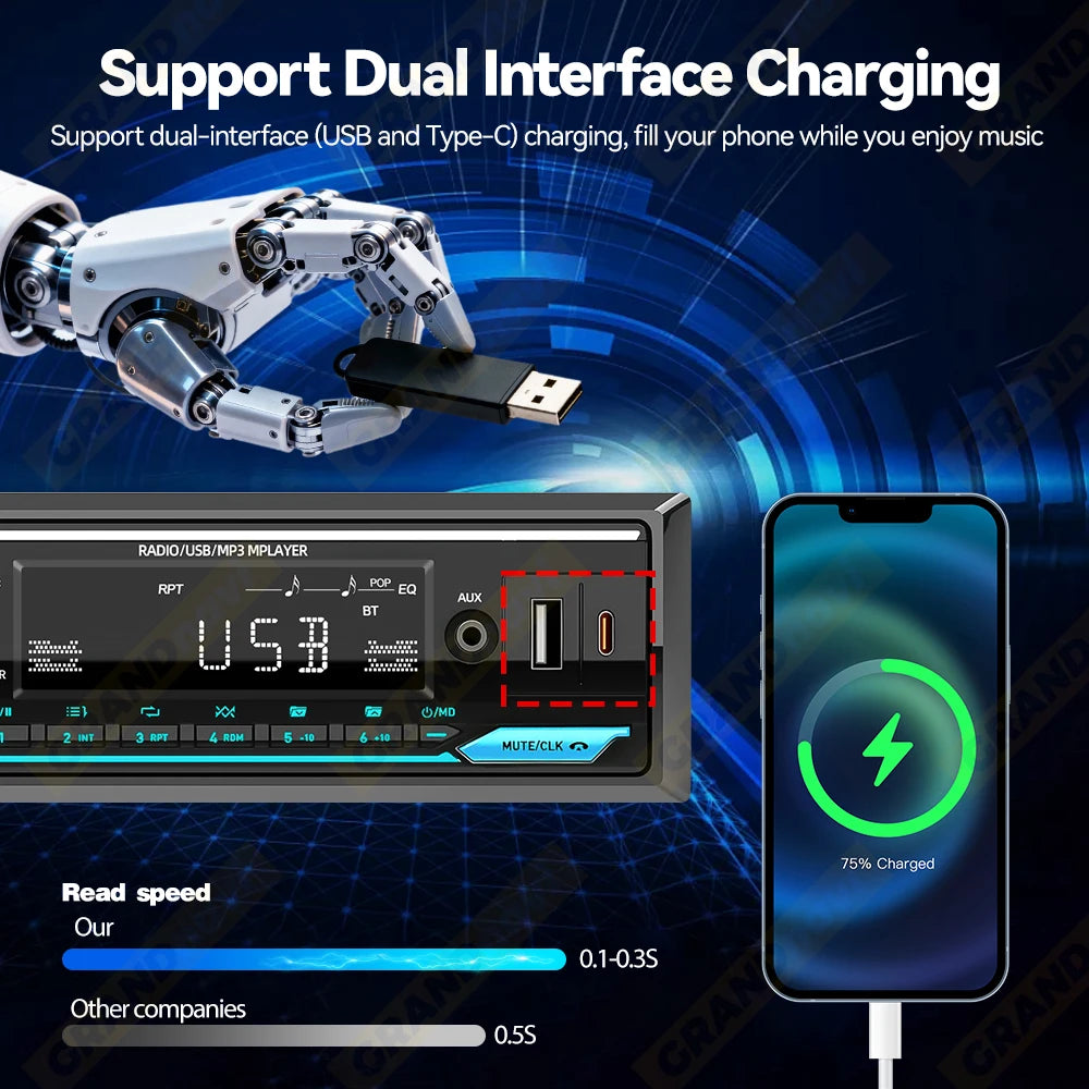 Car Radio 1din Srereo MP3 Player Bluetooth FM Receiver With Remote Control AUX/USB Support Type C Phone Charging Voice Assistant
