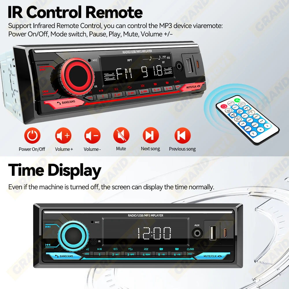 Car Radio 1din Srereo MP3 Player Bluetooth FM Receiver With Remote Control AUX/USB Support Type C Phone Charging Voice Assistant