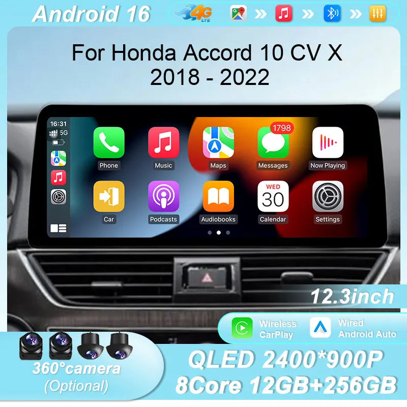 Android 16 12.3" Car Radio for Honda Accord 10 CV X 2018-2022 Wireless CarPlay GPS Bluetooth WiFi DSP IPS Touch Screen Autoradio